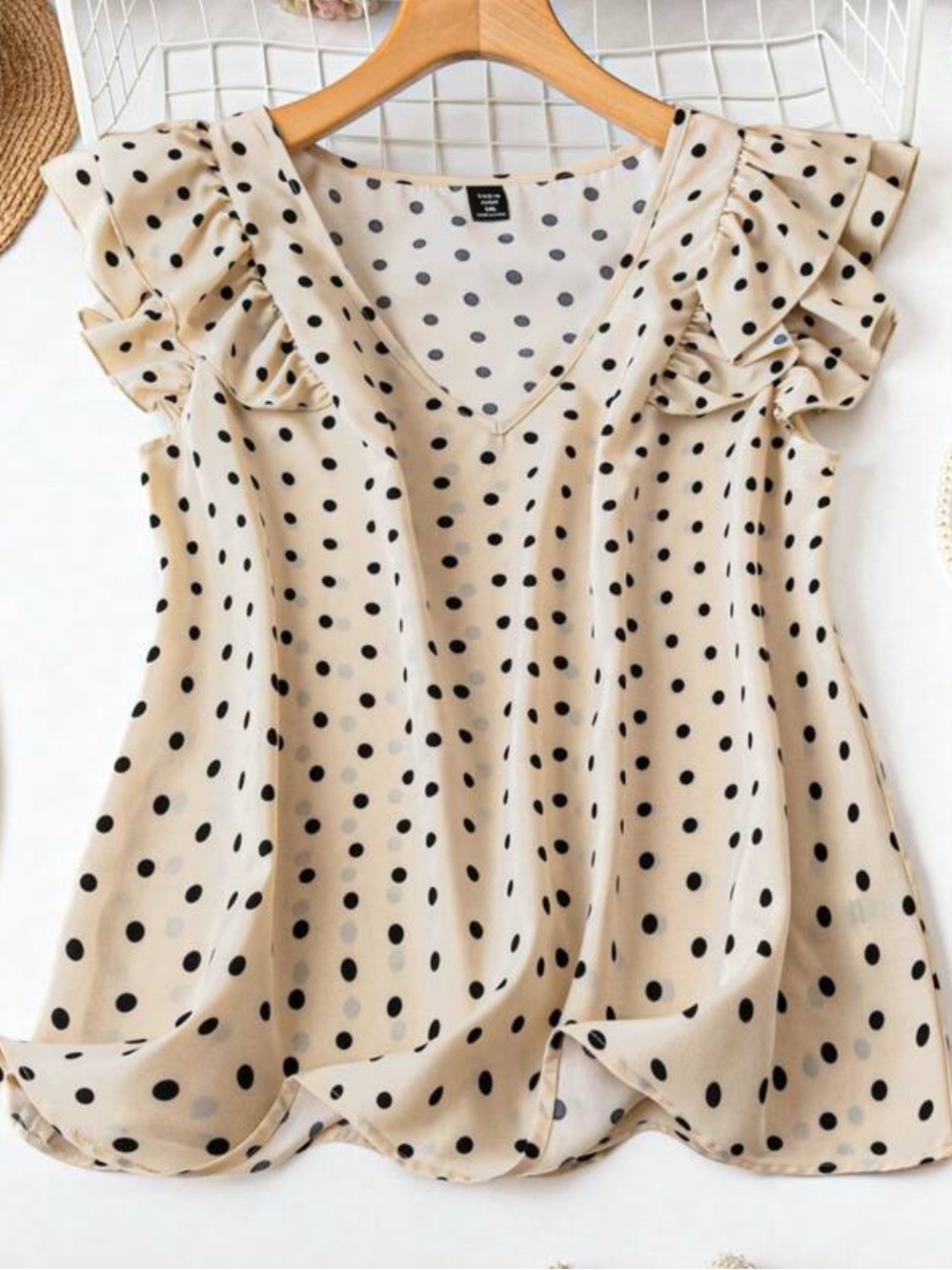 Beige Polka Dot Ruffle Sleeve V-Neck Top - Women Size 3X/18